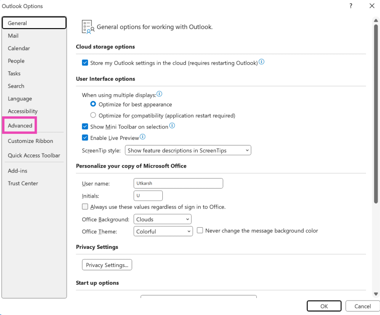 Step 3: Select Advanced from the sidebar.