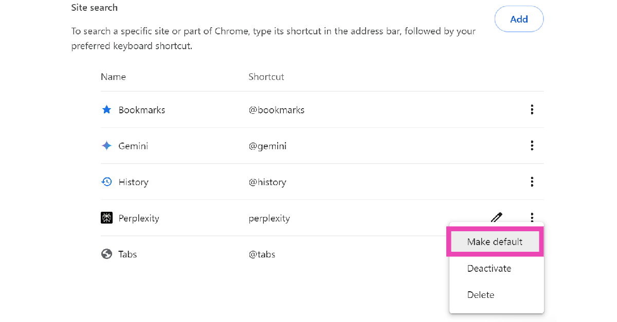 Step 7: Hit the ellipses next to Perplexity.ai and select Make default.