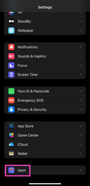 Step 3: Select Apps. How to enable RCS messaging on iPhone (iOS 18)
