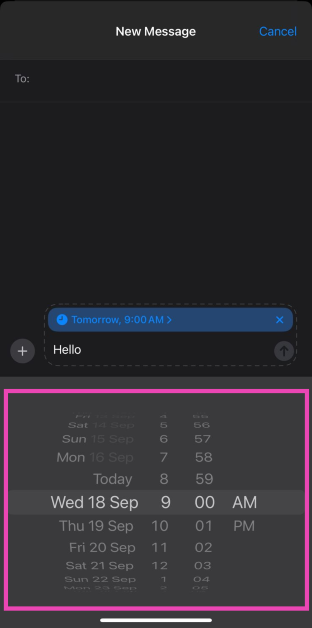 Step 5: Set the time and the date. How to schedule a message on your iPhone to send later (iOS 18)