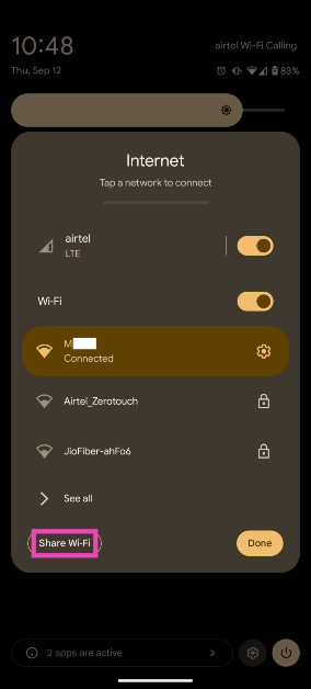 Step 3: Make sure your smartphone is connected to a WiFi network. Tap on Share Wi-Fi.
