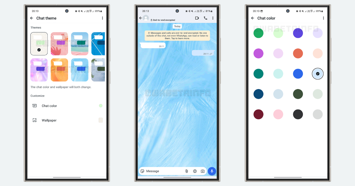 WhatsApp testing chat-specific themes for Android, allowing to choose a chat theme among 20 different colours