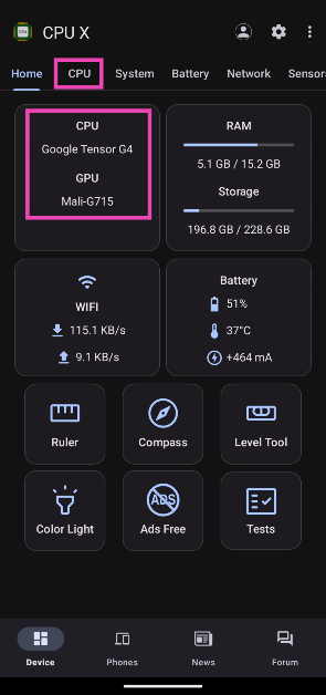 Step 2: Launch the app. Switch to the CPU tab or tap on CPU in the home tab. In this article, we bring you the top 3 ways to check the name of your Android phone's processor, cpu, or chipset.