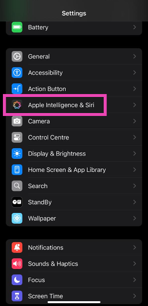 Step 4: Go back to Settings and select Apple Intelligence & Siri.