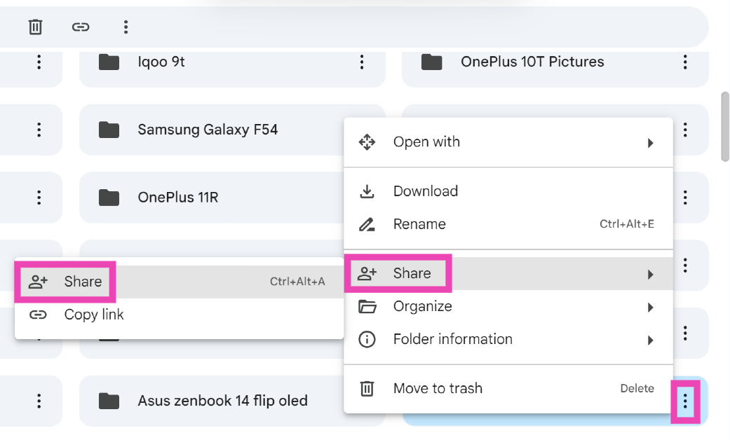 Step 4: Click the ellipses next to the folder and select Share.