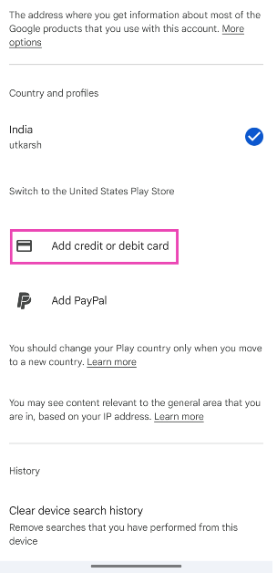 Step 5: Tap the payment method under the 'Switch to [country] Play Store' category.