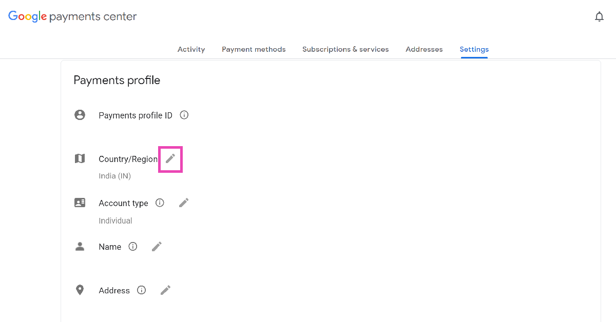 Step 4: Click the pencil (edit) icon next to Country/Region.