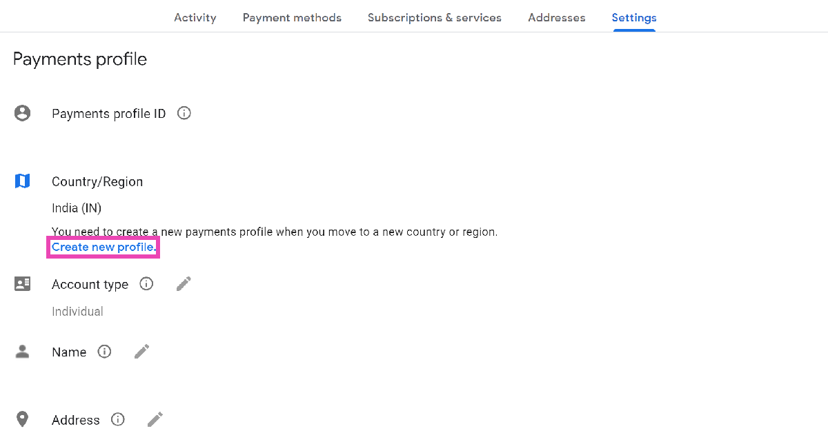 Step 5: Click on Create new profile. How to change your country in Google Play Store (Android and PC)
