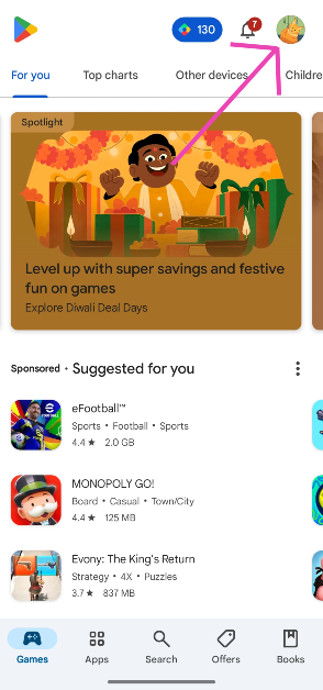 Step 2: Launch the Google Play Store on your smartphone and tap your profile picture in the top right corner of the screen.