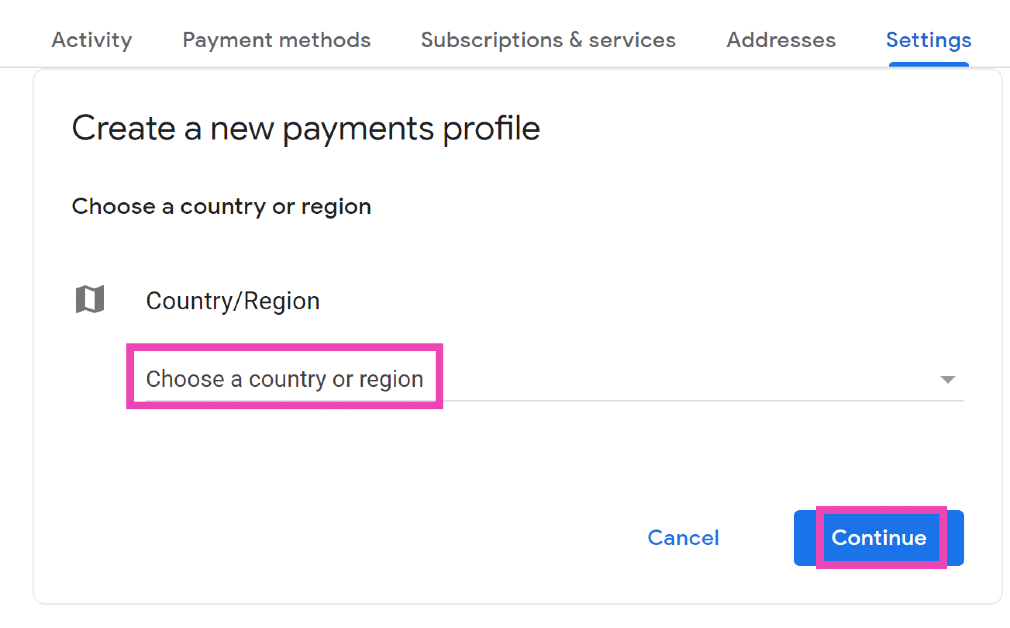 Step 7: Click the dropdown menu under Country/Region and select your desired country. Hit Continue. How to change your country in Google Play Store (Android and PC)
