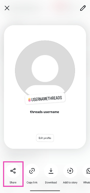 Step 4: To send your profile card to a contact, hit Share in the bottom left corner of the screen. If you want to share it on WhatsApp, Snapchat, Threads, or Messenger, tap the relevant app icon at the bottom of the screen.
