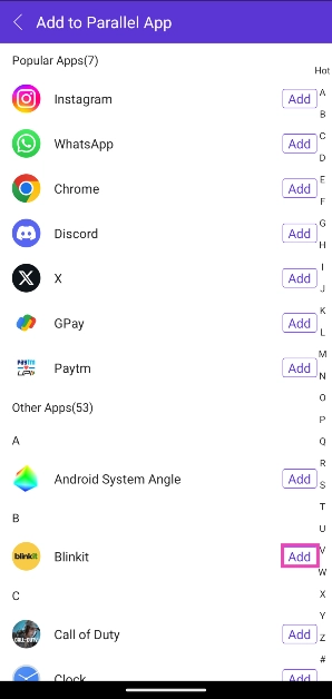 Step 3: Hit Add next to the app you wish to clone.