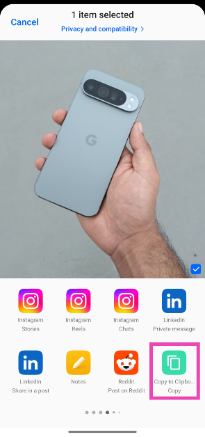 Step 4: Swipe through the list of apps and tap on Copy to Clipboard. Top 3 ways to copy and paste pictures on an Android phone (2024)