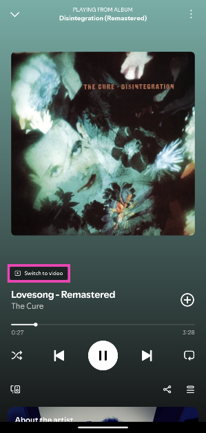 Step 4: Once the music player pops up, tap on Switch to video.