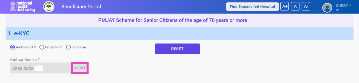 Step 13: Enter your AADHAR Number and hit Verify. How to apply for the Ayushman Vaya Vandana Card online? 