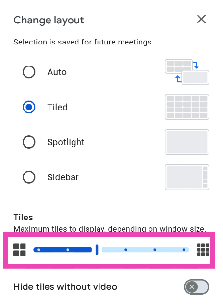 Step 5: If you want to view all participants on the screen at once, select Tiled and use the slider to increase the number of tiles on the screen.