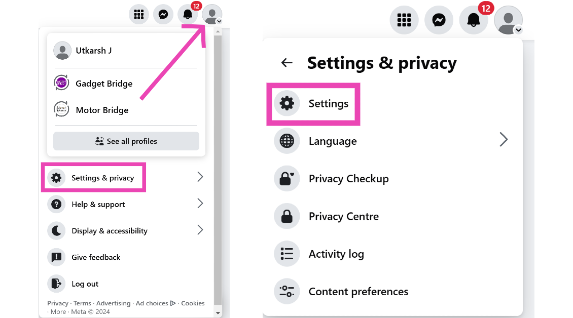 Step 2: Click on Settings and privacy and select Settings.