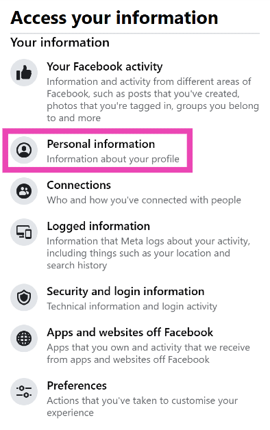 Step 6: Select Personal information from the sidebar.