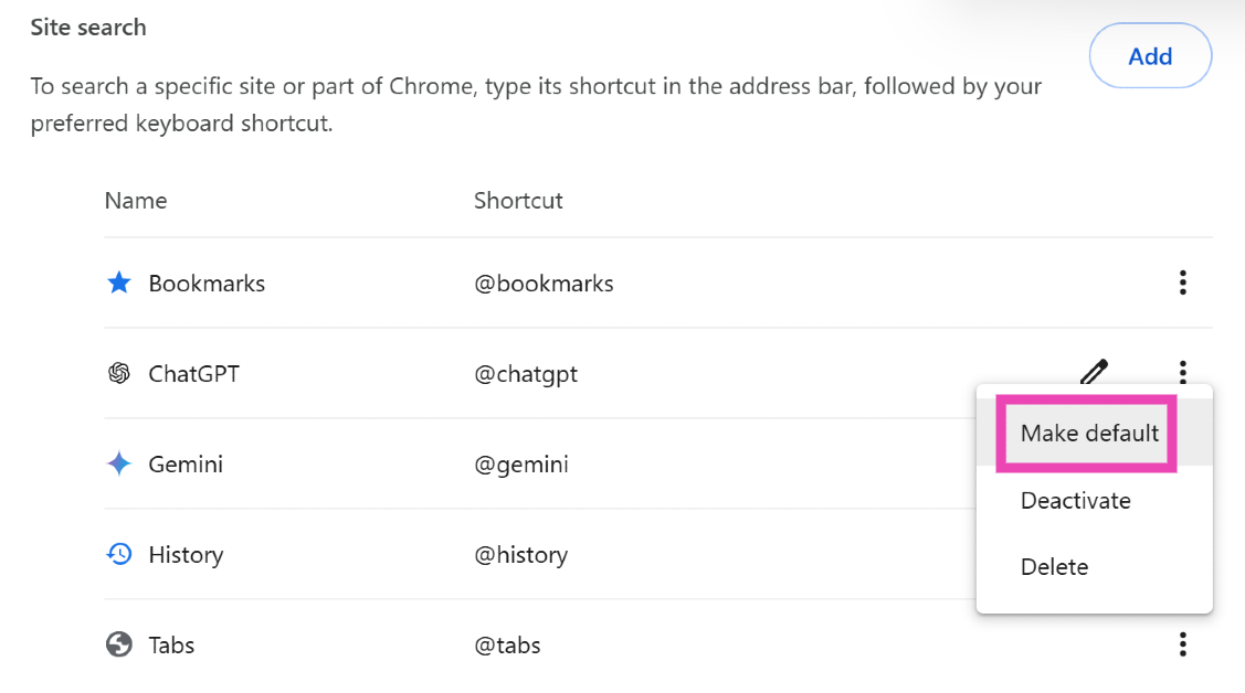 Step 9: Hit the ellipses next to ChatGPT and select Make default.