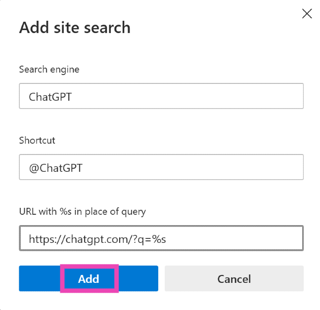 Step 6: Enter @ChatGPT as the shortcut and ‘ChatGPT Search’ as the name. How to replace Google with ChatGPT search on Google Chrome and Edge?