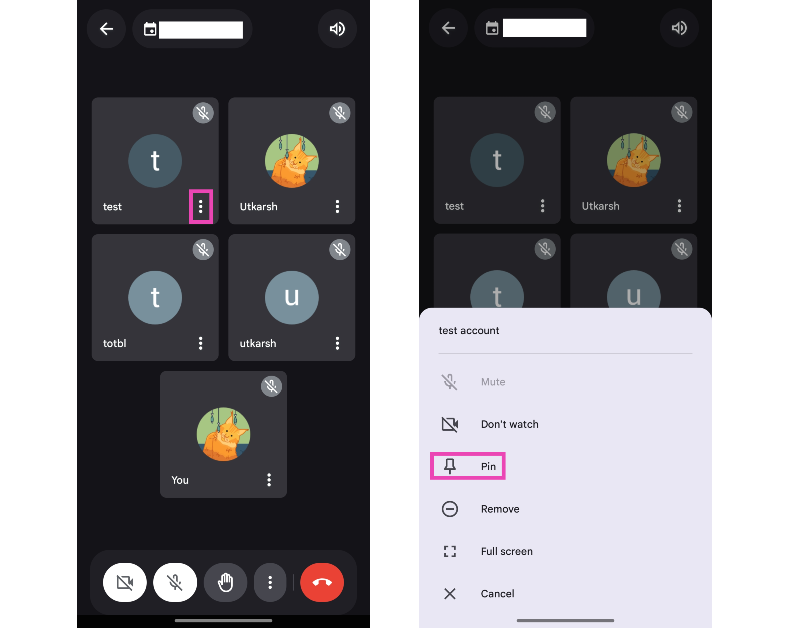 To pin a participant to the top of the screen, hit the ellipses on their tile and select ‘Pin’. This will enlarge their cell and fix it to the top of the screen.  How to change the Google Meet layout on mobile and PC?