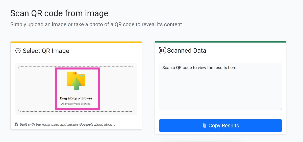 Step 2: Upload the image of the QR Code you wish to scan.