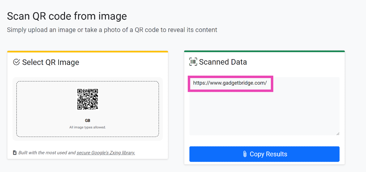 Step 3: The results will appear in the Scanned Data box. You can copy the result to your clipboard by clicking the button below the box.