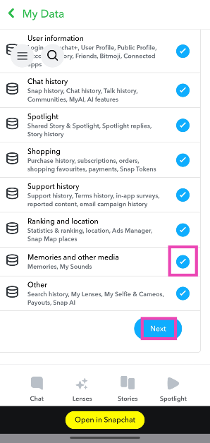 Step 5: Hit the checkbox next to Memories and Other Media. 4 Easy Ways to Recover Deleted Snapchat Memories