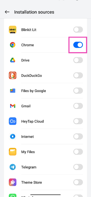 Step 6: Turn on the toggle switch next to the browser/source you used to install the APK. How to install an APK on Android? (2024)