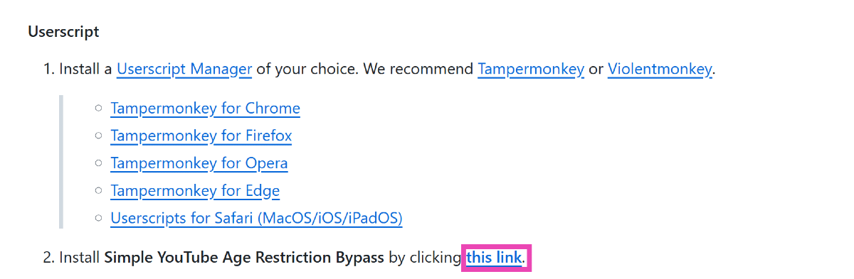 Step 3: Click the link to get the userscript.