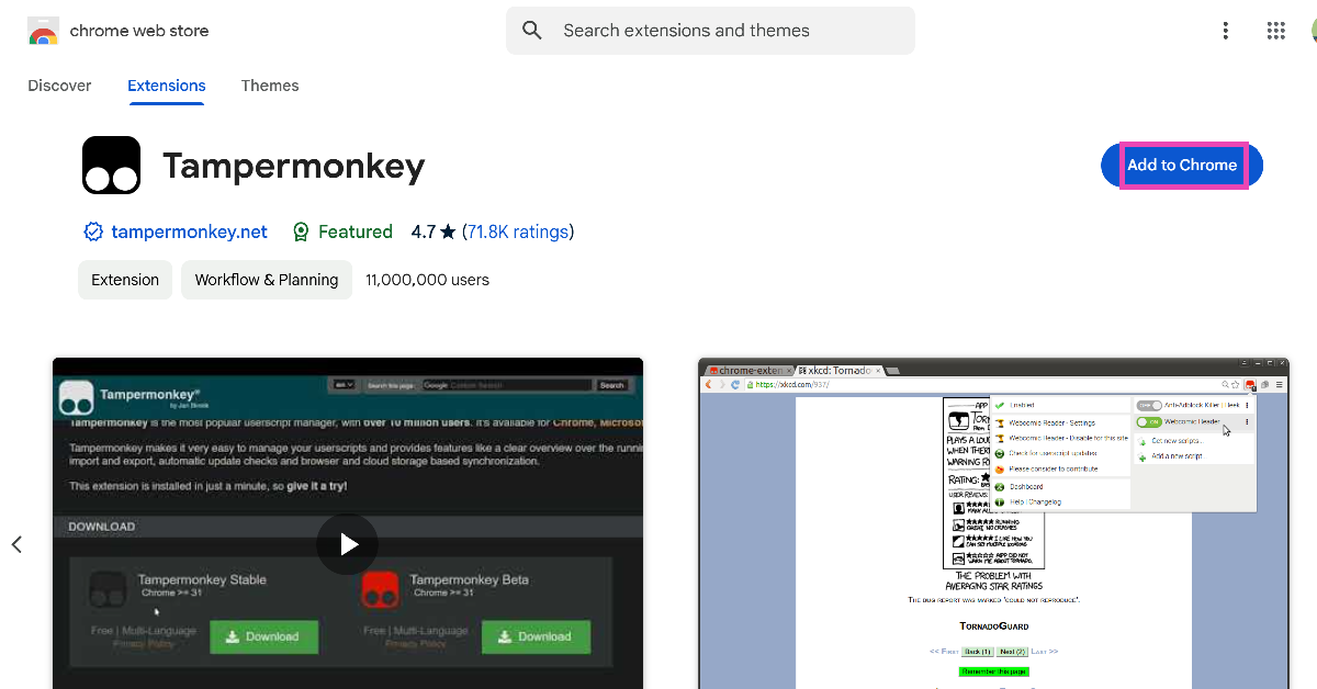 Step 1: Download the Tapermonkey extension from the Chrome Web Store.