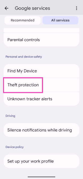 Step 3: Scroll down and select Theft protection.