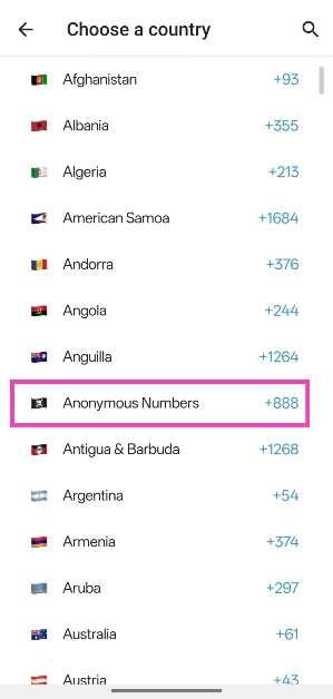 Step 9: Select Anonymous Numbers from the list.