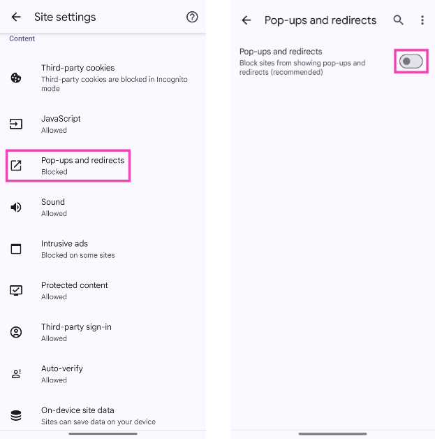 Step 4: Select Pop-ups and redirects and turn off its toggle switch.