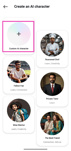 Step 5: Tap on Custom AI character.