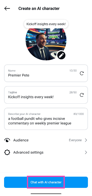 Step 7: Meta AI will pick the avatar, name, and tagline of your AI bot. You can edit these attributes. How to create an AI chatbot on Instagram?