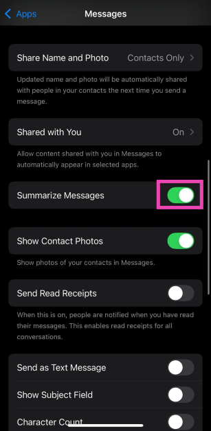 Step 3: Turn off the toggle switch next to Summarize Messages. How to disable Apple Intelligence on an iPhone? disable notification summary
