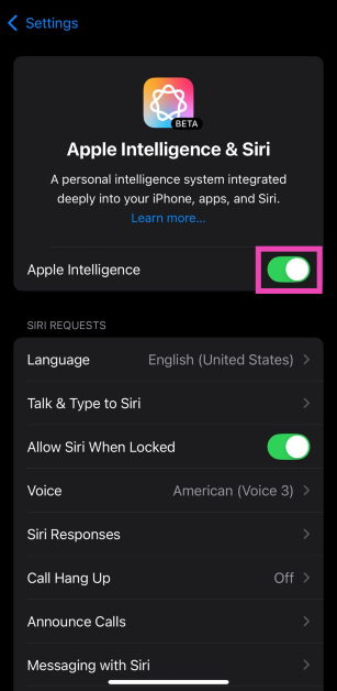 Step 2: Turn off the toggle switch next to Apple Intelligence.