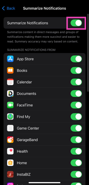 Step 3: Turn off the toggle switch next to Summarize Previews to disable the feature entirely. If you don’t want that, scroll down and turn off the toggle switch for the apps from which you don’t wish to receive summarised notifications.