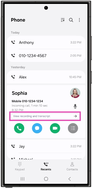 Step 4: Hit the View recording and transcript option under the call log.