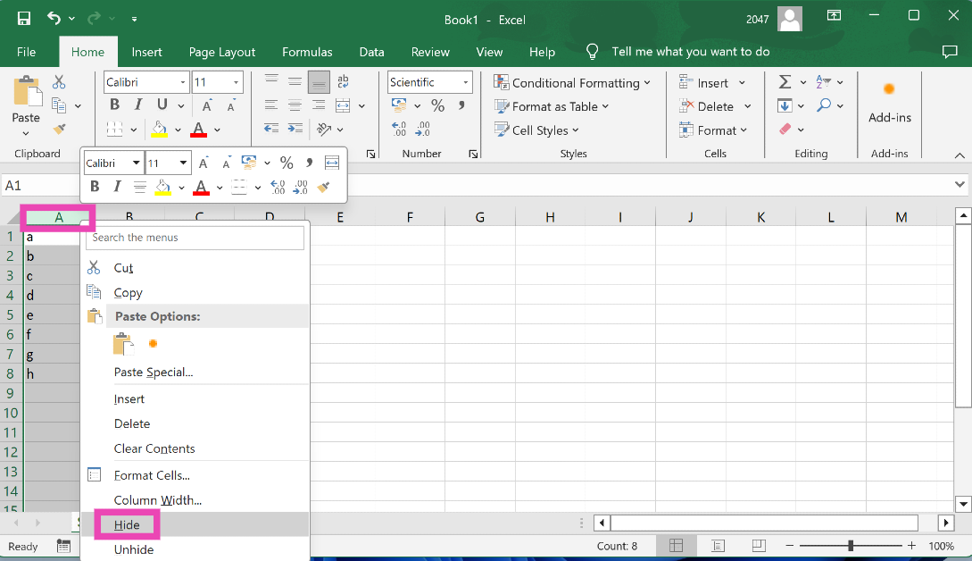 Step 1: Right-click the name of the row or column you wish to hide.