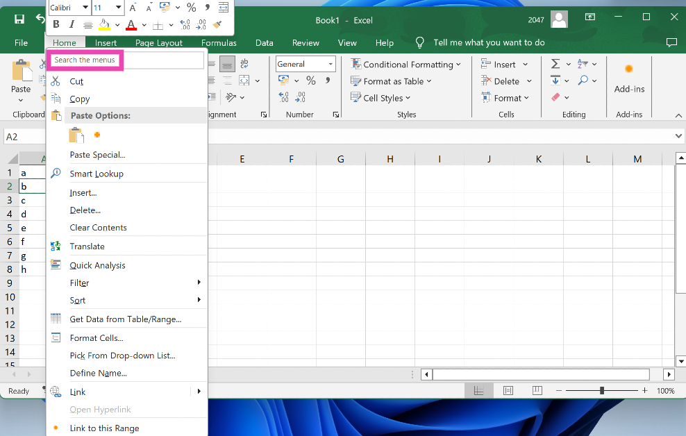 Step 2: Click the search box in the context menu.