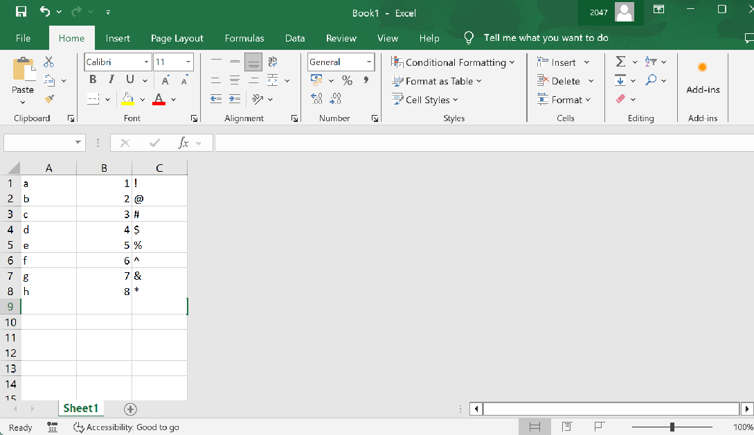 Step 2: Press Ctrl + Shift + Right Arrow Key to select all the empty rows and Ctrl + 0 to hide their corresponding columns.