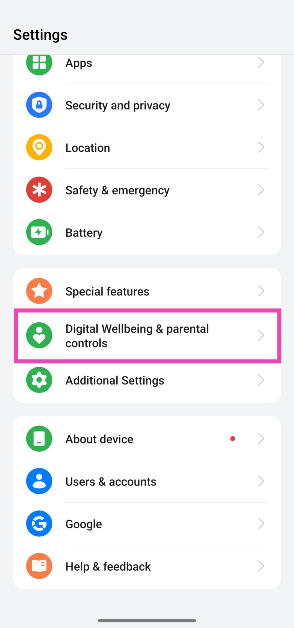 Step 1: Go to Settings and select Digital Wellbeing & parental controls.