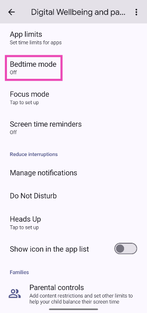 Step 2: Scroll down and tap on Bedtime mode.