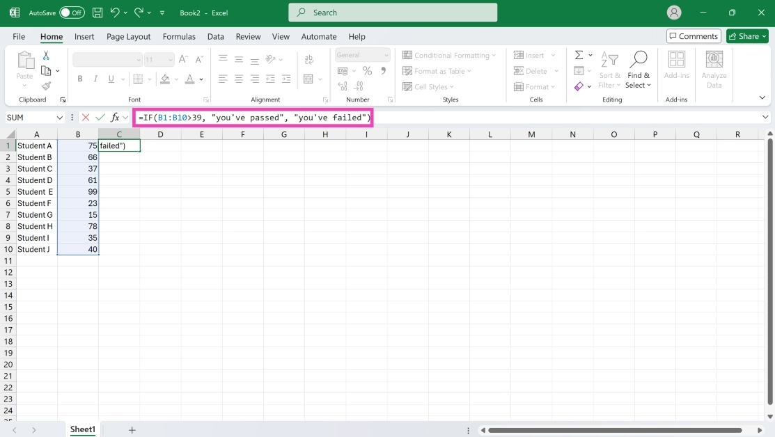 Step 3: Enter the following line in the formula bar