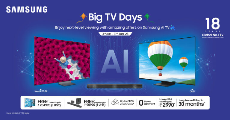 Samsung launched Big TV Days, offering up to 20% cashback and easy EMI options