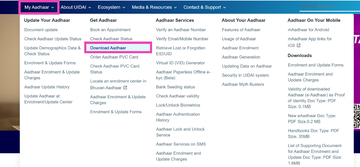 Step 2: Hover the cursor over My Aadhaar and select Download Aadhaar.