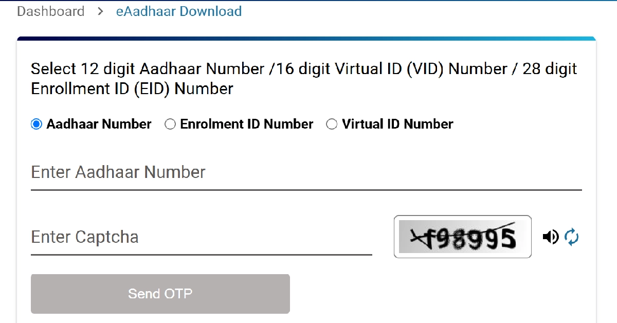 Step 3: Enter your Aadhar number, Enrollment ID number, or Virtual ID number to log in. Fill in the captcha as well.