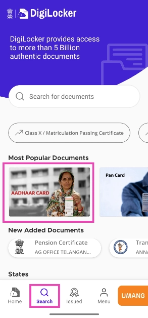 Step 3: Go to the Search tab and tap on Aadhaar Card.